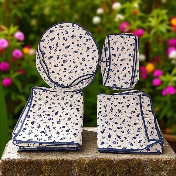 Vintage Lillian Vernon Dish Storage Bags China Saver Zippered Blue Flowers NEW - Picture 1 of 15
